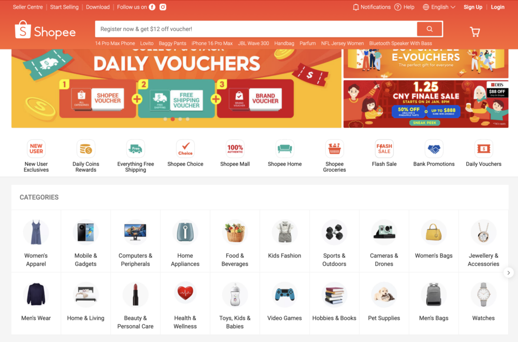 Shopee homepage highlighting daily vouchers, categories like women's apparel, electronics, and health products, with banners promoting discounts and free shipping.